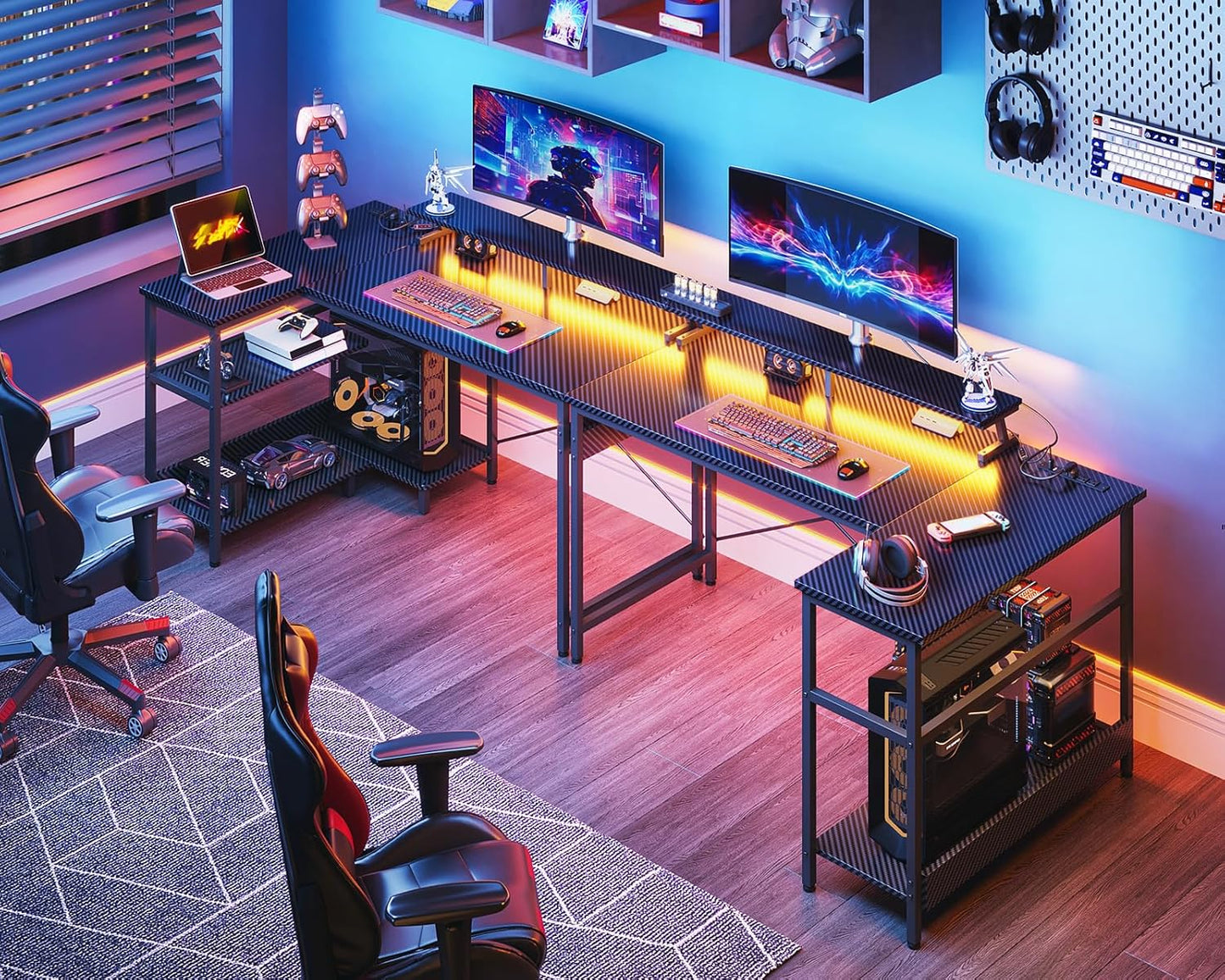 48 Inch Gaming Desk with USB Charging Ports and LED Lights, Reversible L Shaped Computer Desk with Storage Shelves & Monitor Stand, Corner Gamer Desk Table with Power Outlets, Black