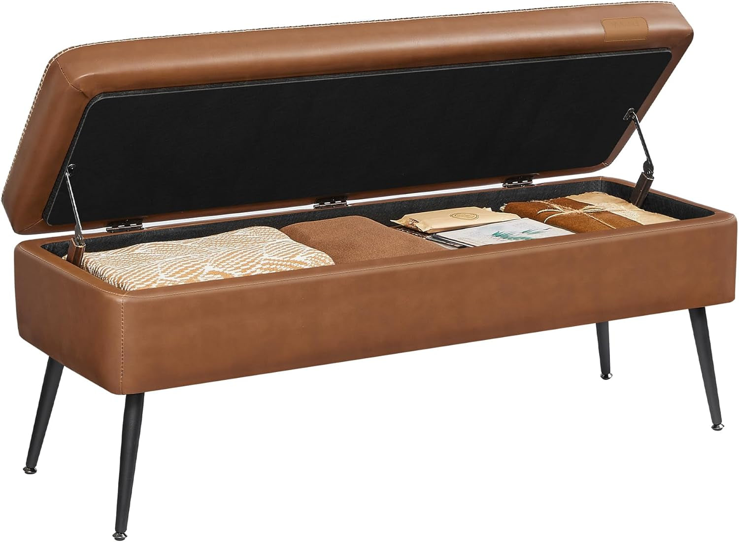 EKHO Collection - Storage Ottoman Bench, Entryway Bedroom Bench, 15 Gallons, Synthetic Leather with Stitching, Mid-Century Modern, Safety Hinges, Loads 660 Lb, Caramel Brown ULOM074K01