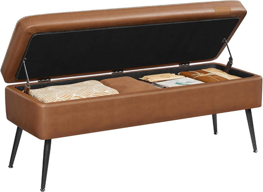 EKHO Collection - Storage Ottoman Bench, Entryway Bedroom Bench, 15 Gallons, Synthetic Leather with Stitching, Mid-Century Modern, Safety Hinges, Loads 660 Lb, Caramel Brown ULOM074K01