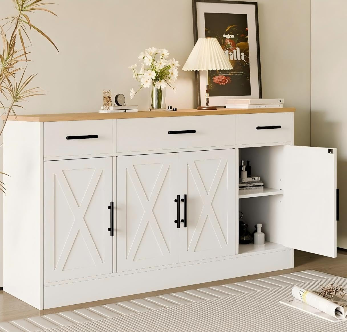Buffet Cabinet with Storage, Farmhouse Storage Cabinet with 4 Doors and 3 Drawers, Wood Buffet Table with Adjustable Shelf for Living Room, White