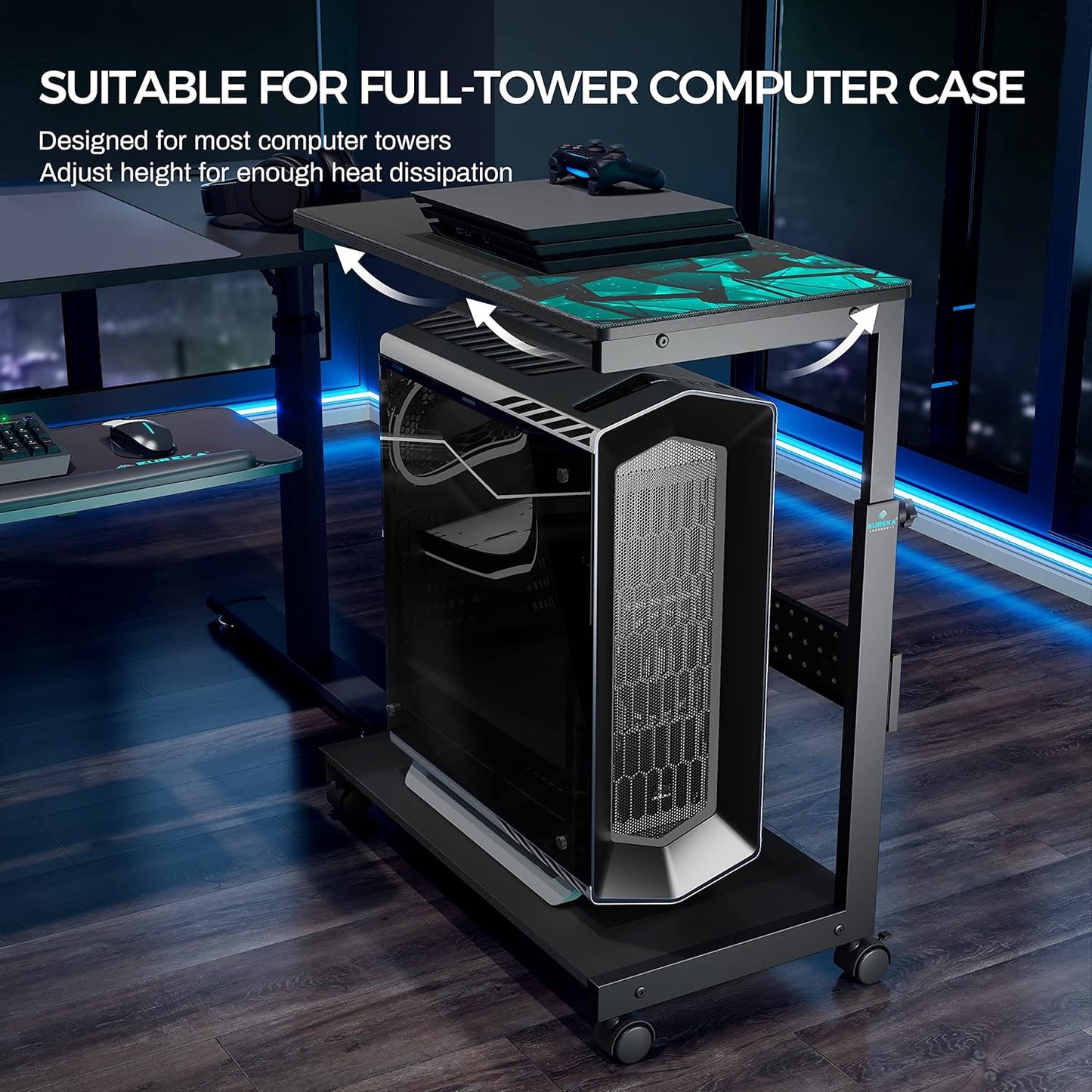PC Stand Computer Cart, Height Adjustable Tower Stand 2-Tier Suit for ATX Case Printer, Metal Rolling Cart on Wheels for Gaming Home Office, Black