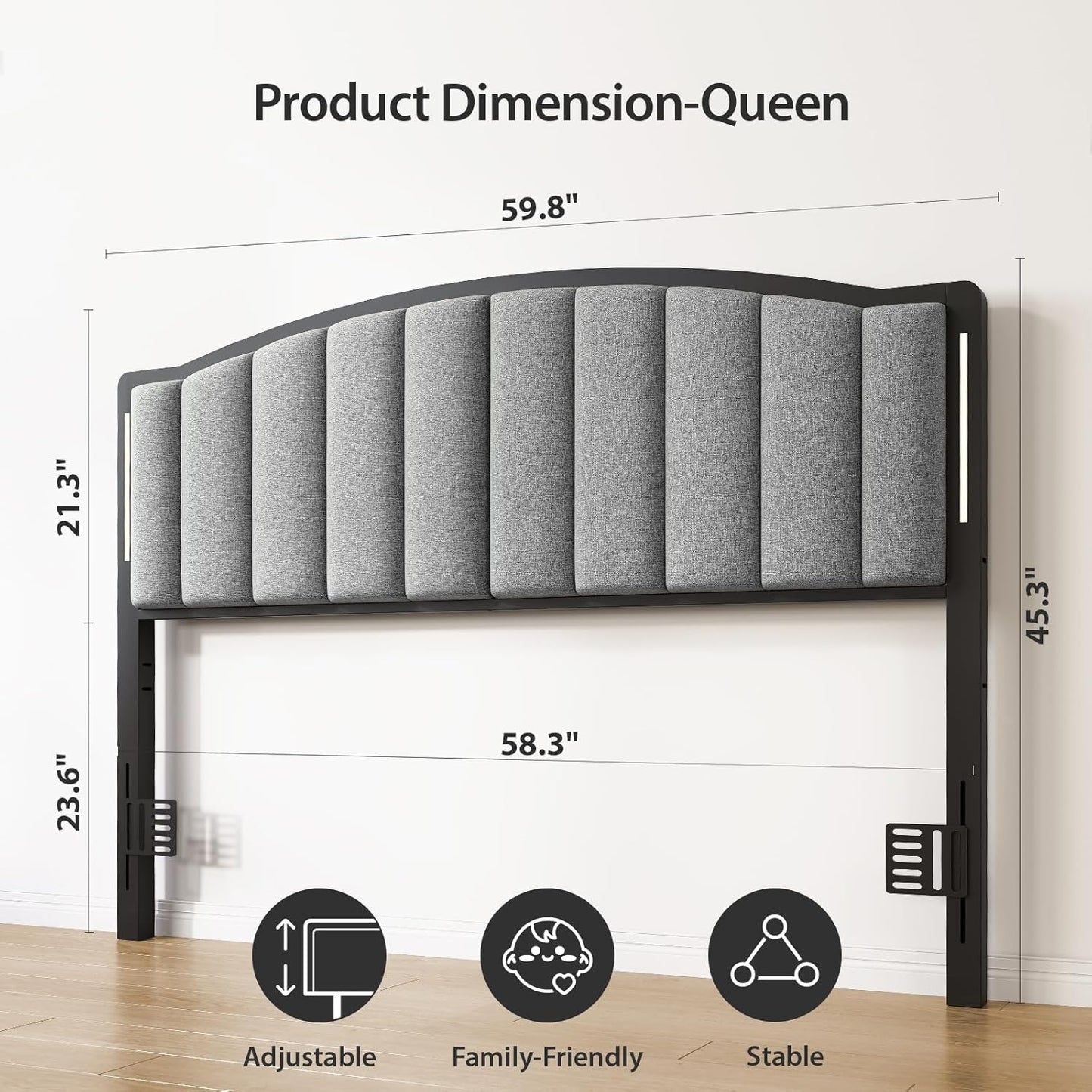 Headboard for Queen Size Bed with LED Lights, Upholstered Vertical Channel Tufting Head Boards, Linen Fabric Bed Headboard Only, Attach Frame, Ideal for Bedroom, Dorm, Guest Room, Grey