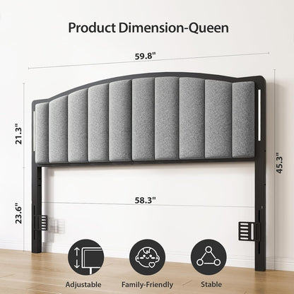 Headboard for Queen Size Bed with LED Lights, Upholstered Vertical Channel Tufting Head Boards, Linen Fabric Bed Headboard Only, Attach Frame, Ideal for Bedroom, Dorm, Guest Room, Grey