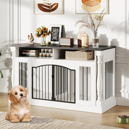 63" Large Dog Crate Furniture for Small & Medium Dogs, Roman Column Kennel Furniture with Semi-Open Storage, TV Stand Dog Cage Table, Heavy Duty Indoor Dog Kennel, White+Black Top