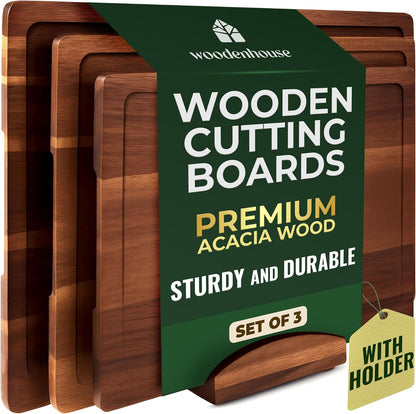 Acacia Wood Cutting Board Set of 3 with Holder, Juice Grooves & Built-In Handles - Durable, Wooden Cutting Boards for Kitchen, Perfect for Chopping, Food Prep and Serving as a Charcuterie