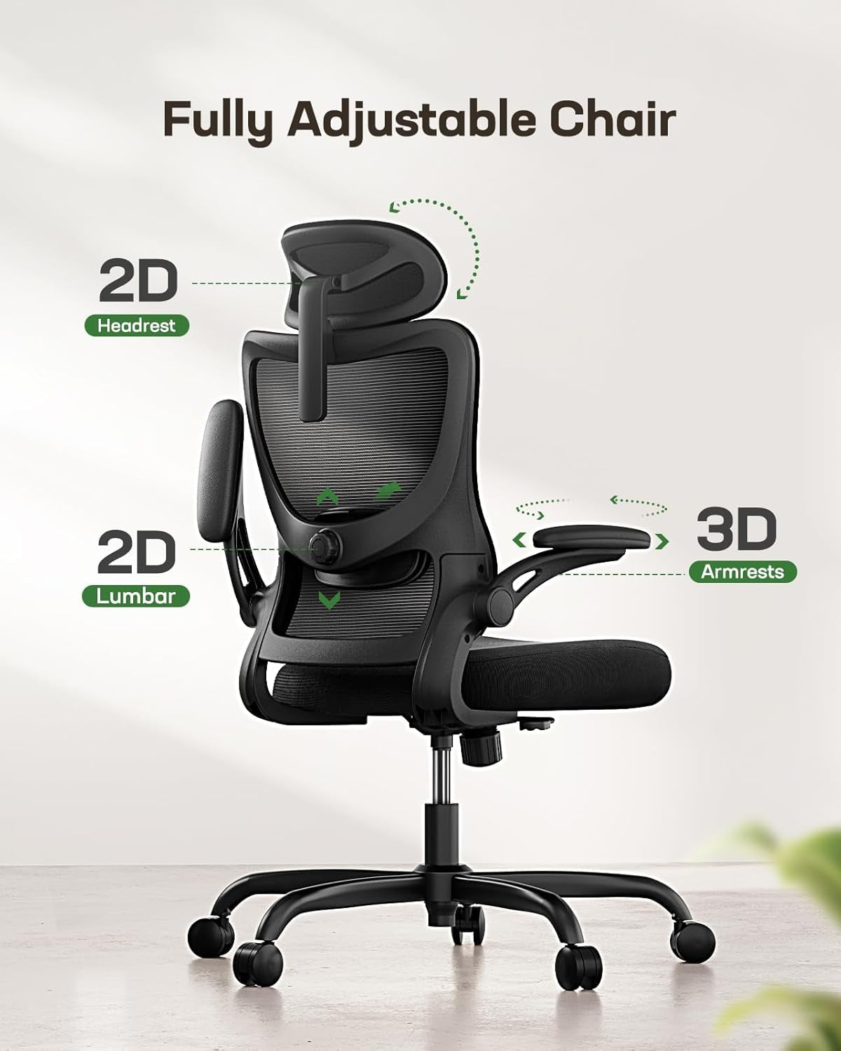 Ergonomic Office Chair: Office Desk Chair with High Back Mesh and Adjustable Lumbar Support Rolling Work Swivel Task Chairs with Wheel 3D Armrests and Headrest