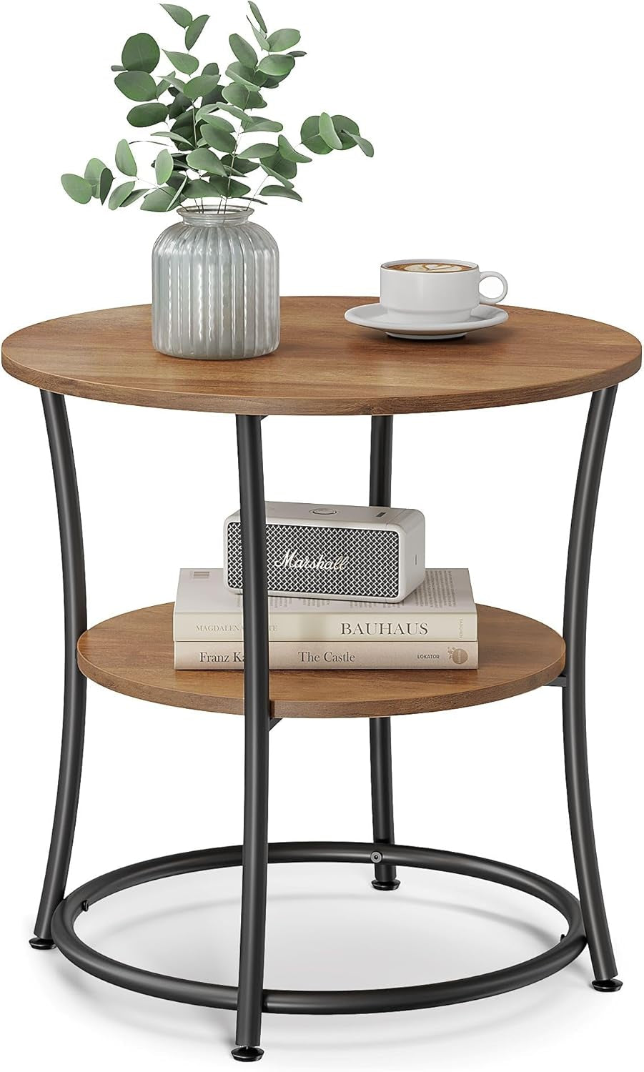 Side Table, 2-Tier round End Table, Nightstand with Steel Frame for Small Spaces, Living Room, Bedroom, Honey Brown and Ink Black
