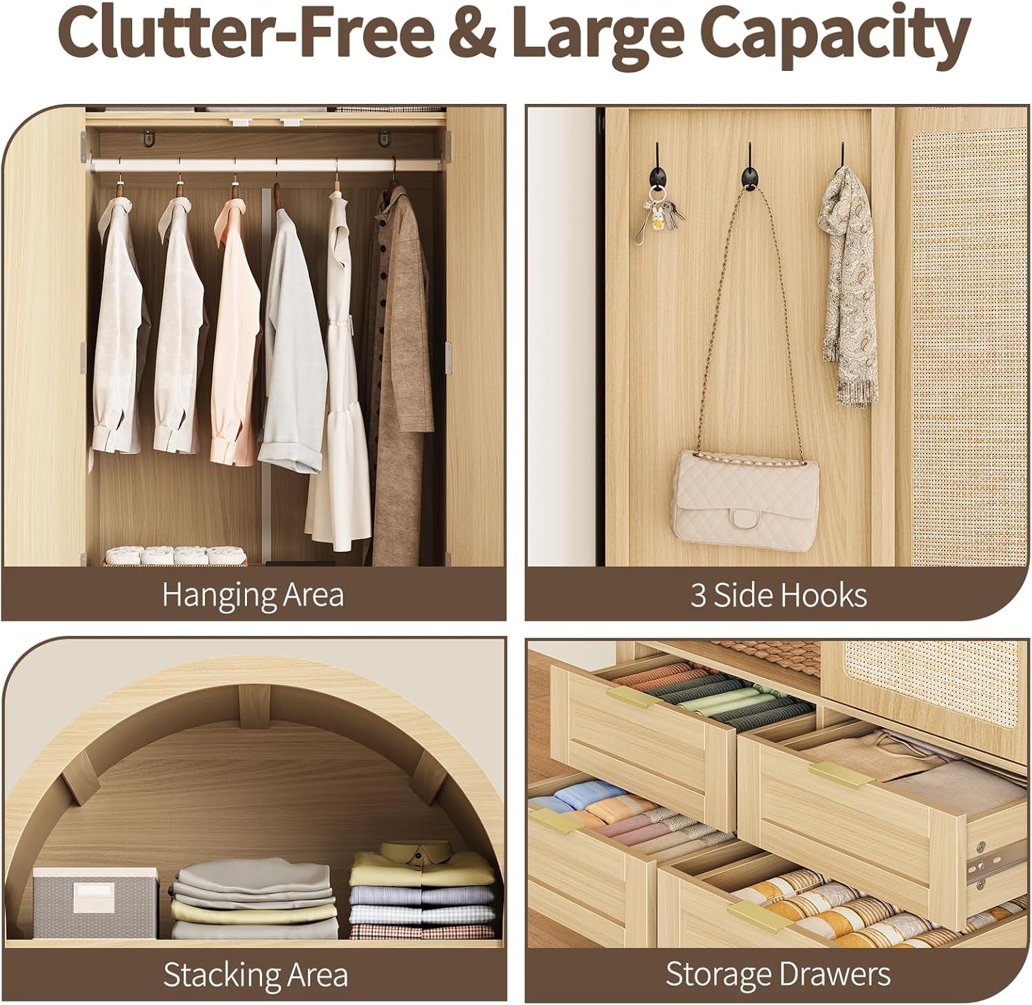 Armoire Wardrobe Closet with 4 Drawers - Wood Bedroom Armoires and Wardrobes with Rattan Doors for Hanging Clothes, Tall Clothing Cabinet Arched Closets for Cloak Room, Large Capacity Storage