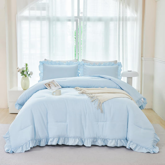 5 Pieces Light Blue Full Bed in a Bag for Kids Girls Ruffle Bedding Sets Boho Comforter Set Vintage Farmhouse Bedding Comforter Sets with Sheets(Light Blue Full)