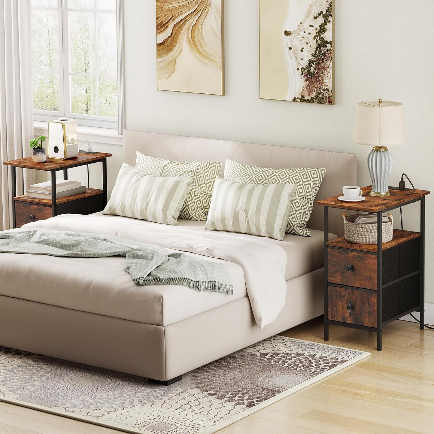 End Table with Charging Station, Narrow Side Table, Nightstand with 2 Non-Woven Drawers, Slim Sofa Side Table, for Small Spaces, Living Room, Bedroom, Rustic Brown and Black BF486UBZ01