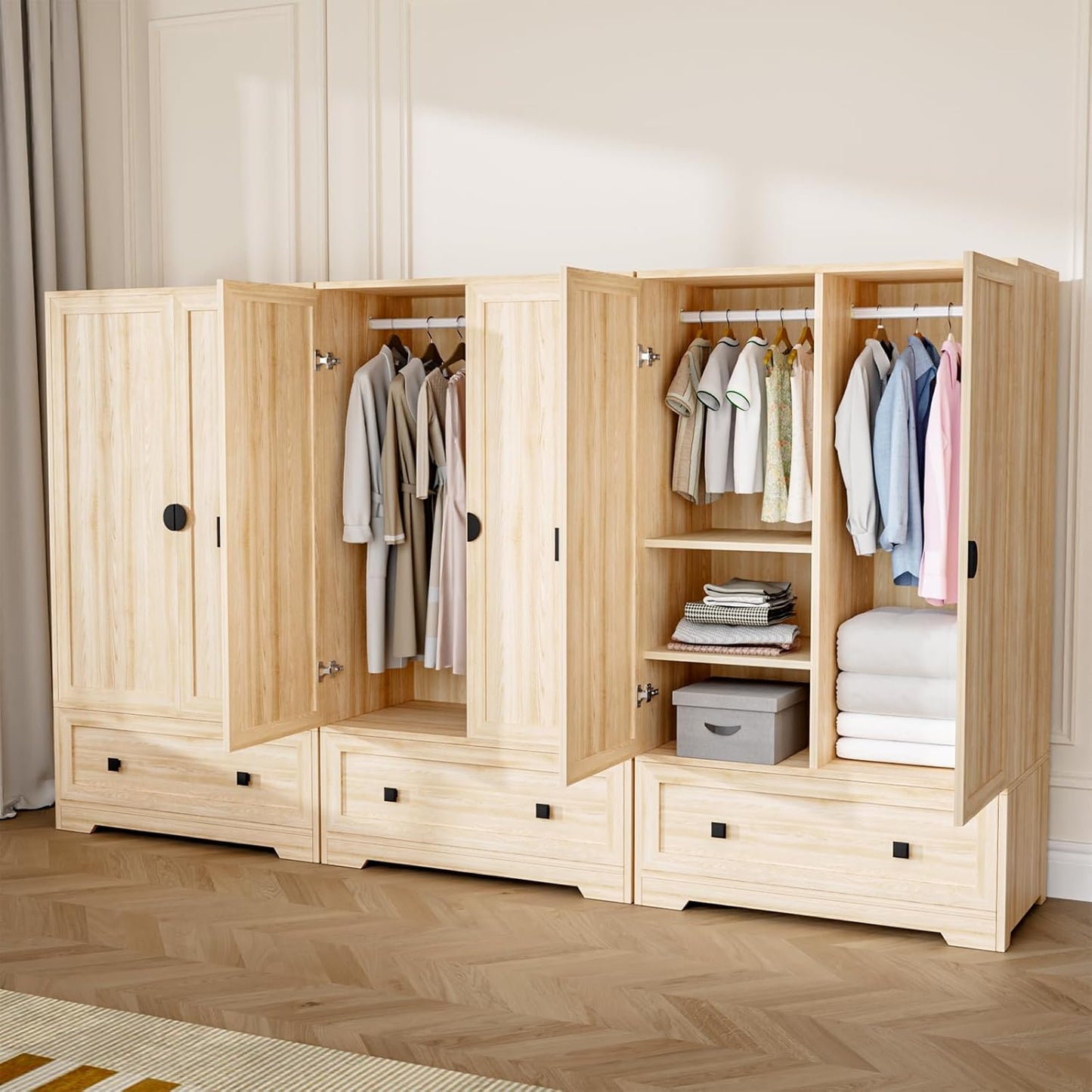 Armoire Wardrobe Closet with Doors, Hanging Rod, Shelves and Drawer - Freestanding Cabinet for Bedroom, Dorm - Oak, 38" W X 21" D X 65" H