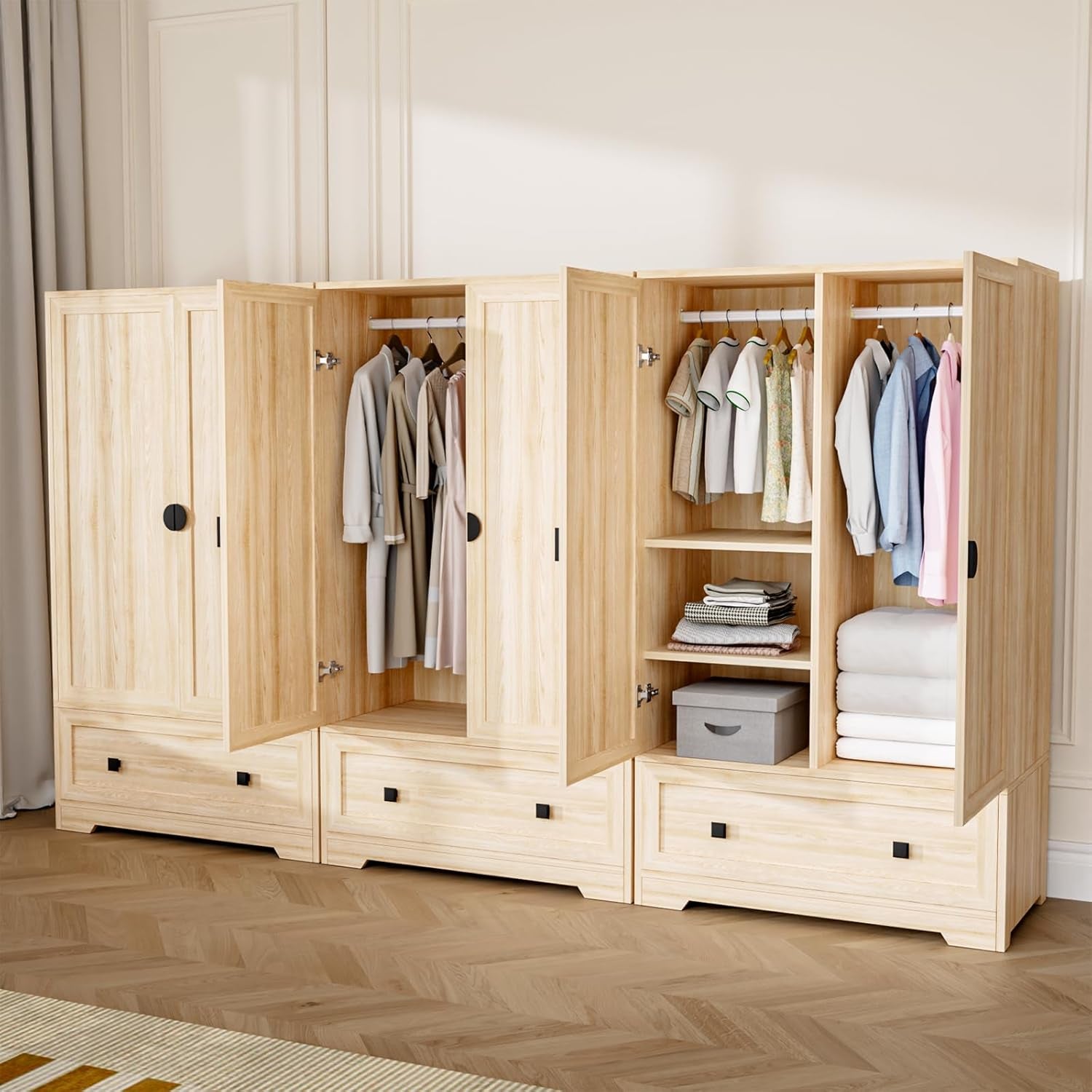 Armoire Wardrobe Closet with Doors, Hanging Rod, Shelves and Drawer - Freestanding Cabinet for Bedroom, Dorm - Oak, 38" W X 21" D X 65" H