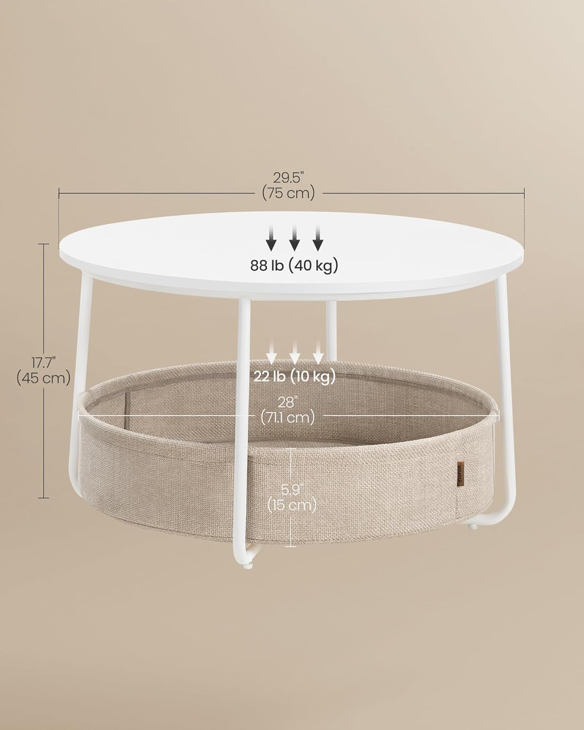 Coffee Table with Storage, round Center Table for Living Room with Fabric Basket, Modern Style, Metal Frame, Matte White and Camel Brown ULCT244W10