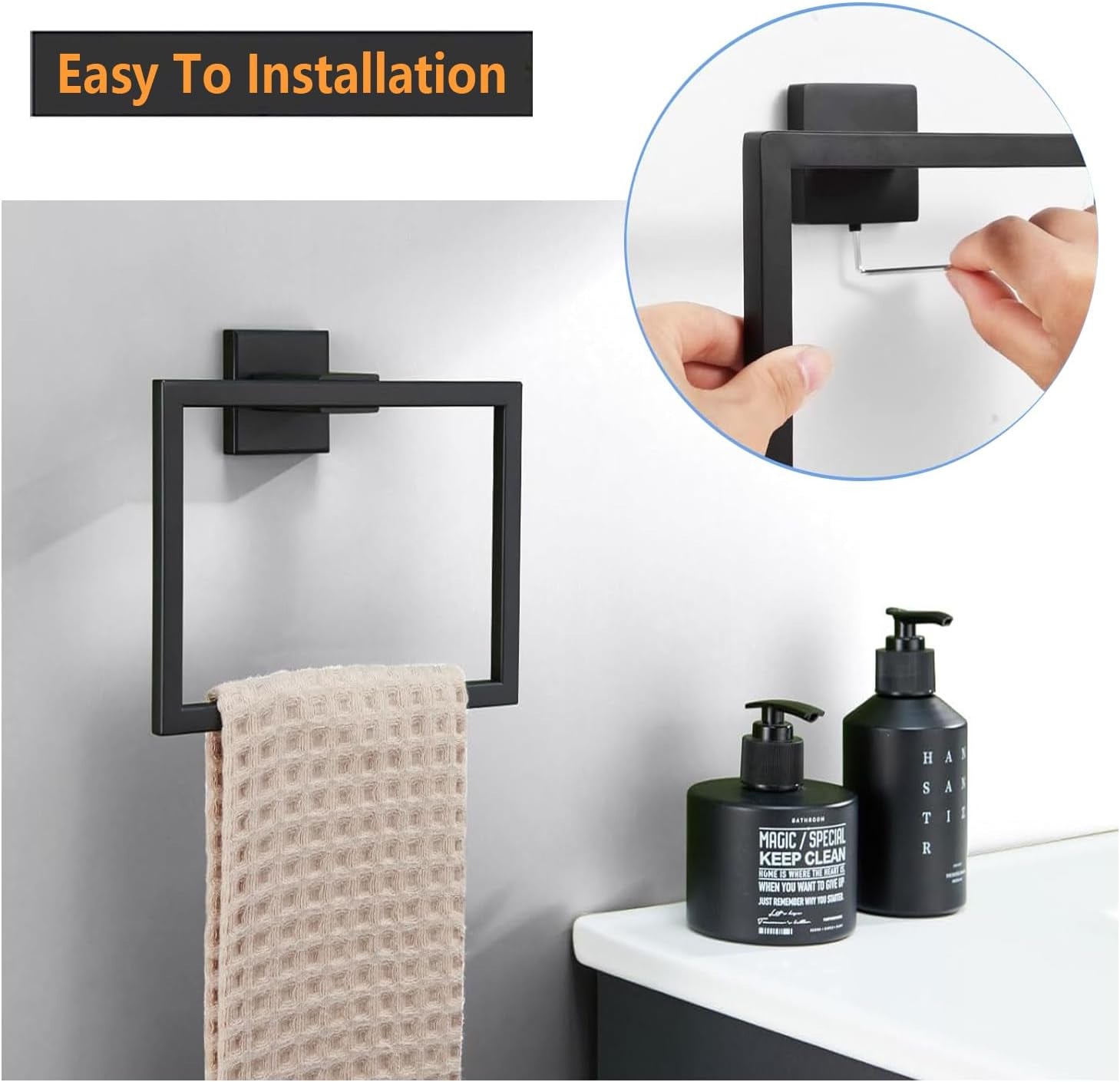 Towel Ring - Thicken SUS 304 Stainless Steel Towel Holder, Towel Racks for Bathroom, Square Modern Design Hand Towel Holder, Contemporary Hand Towel Bar - Matte Black