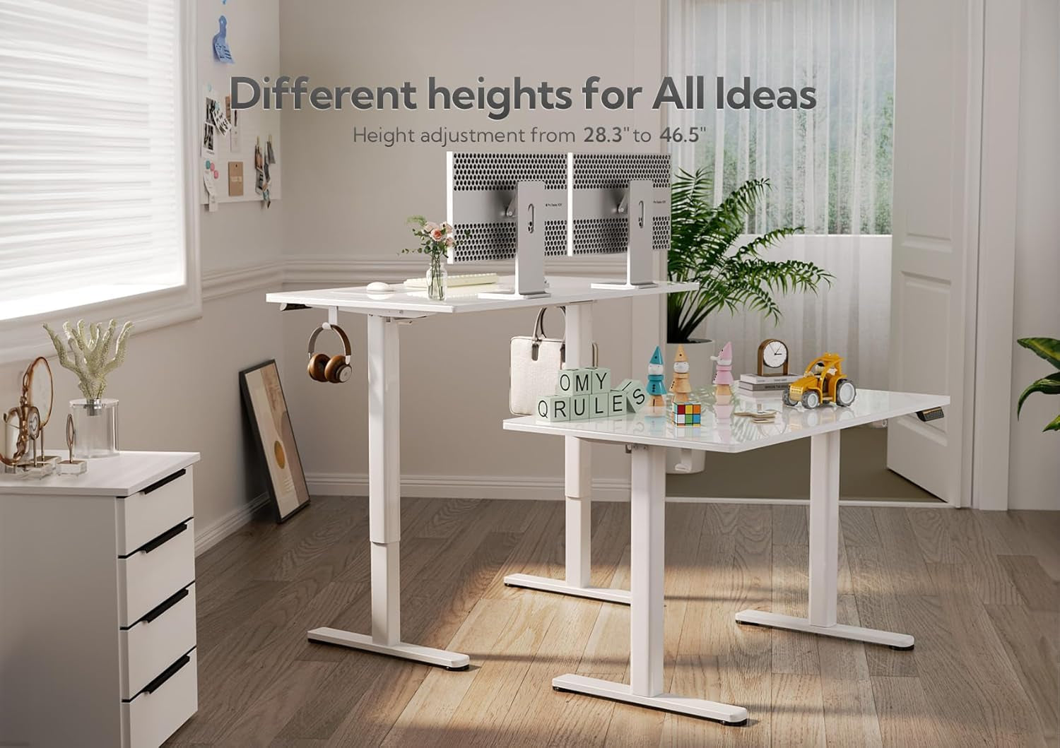 Glass Standing Desk, 48X24 Inch White Standing Desk Adjustable Height Electric Stand up Quick Install for Computer Desks, Super White