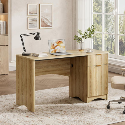 47 Inch Computer Desk with Drawer, Office Desk with File Cabinet, Modern Executive Desk Adjustable Shelves for Home Office Bedroom Study, Natual Oak