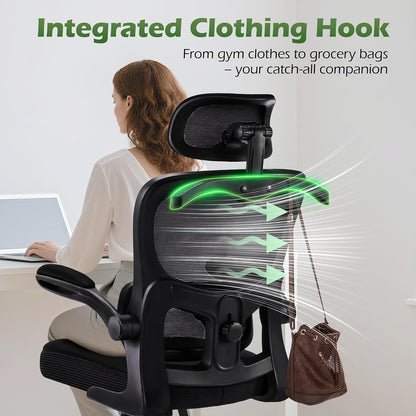 High back mesh ergonomic office chair with headrest and wheels, view 9