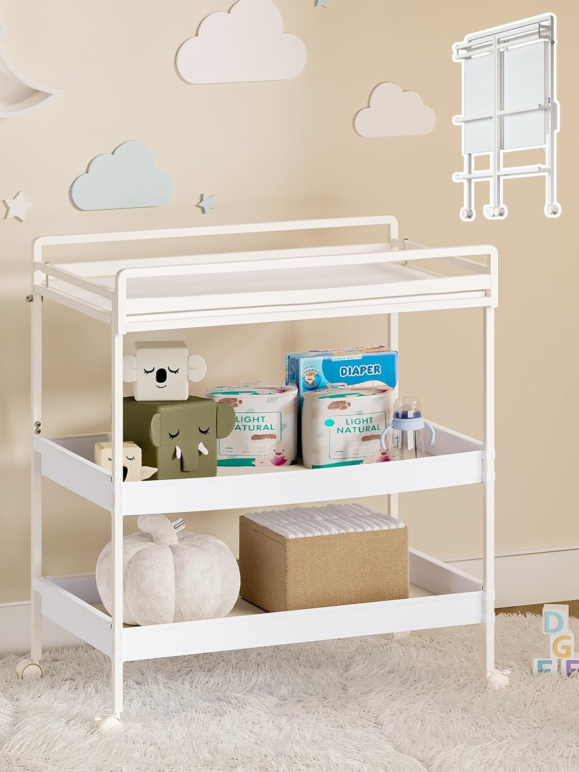 Foldable Baby Changing Table with Wheels, Certified Diaper Changing Station with Storage Drawers, 3 in 1 Portable Compact Diaper Table for Nursery, White