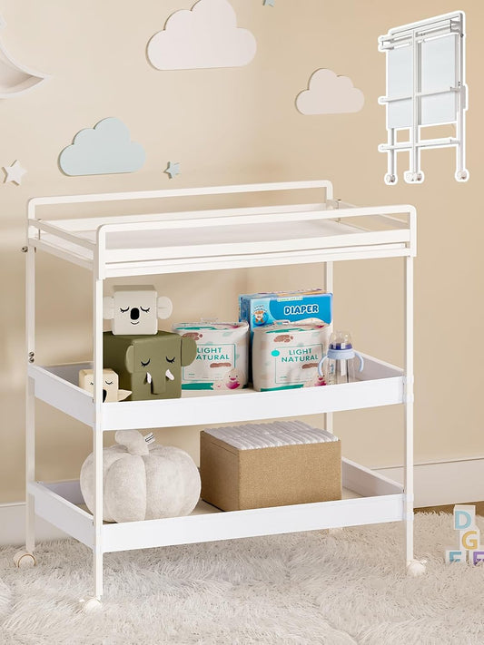 Foldable Baby Changing Table with Wheels, Certified Diaper Changing Station with Storage Drawers, 3 in 1 Portable Compact Diaper Table for Nursery, White