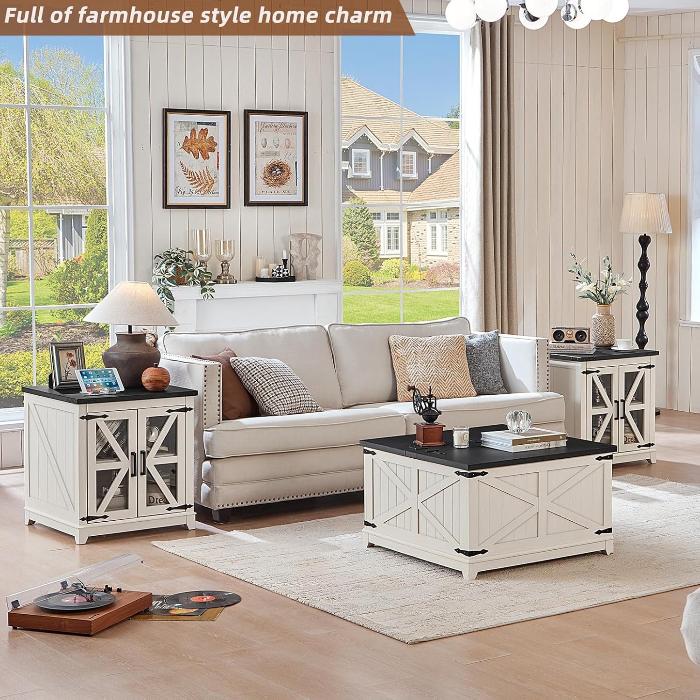Farmhouse Coffee Table Sets 3 Pieces, Large End Side Tables with Charging Station and Coffee Table with Hidden Storage Compartment, White Living Room Table Set, Wood Furniture Sets for Home Office
