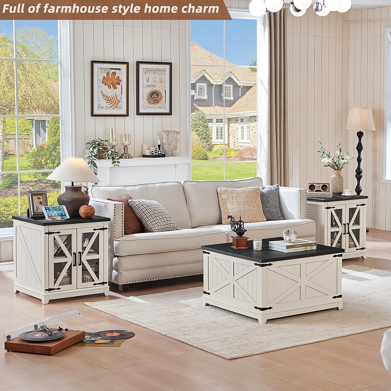 Farmhouse Coffee Table Sets 3 Pieces, Large End Side Tables with Charging Station and Coffee Table with Hidden Storage Compartment, White Living Room Table Set, Wood Furniture Sets for Home Office