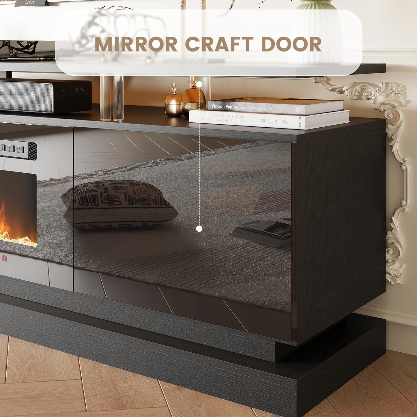 70" Fireplace TV Stand, Modern Entertainment Center for Tvs up to 80”, TV Console with Storage Cabinets, Media Console for Living Room, Black TV Stand and Black Fireplace