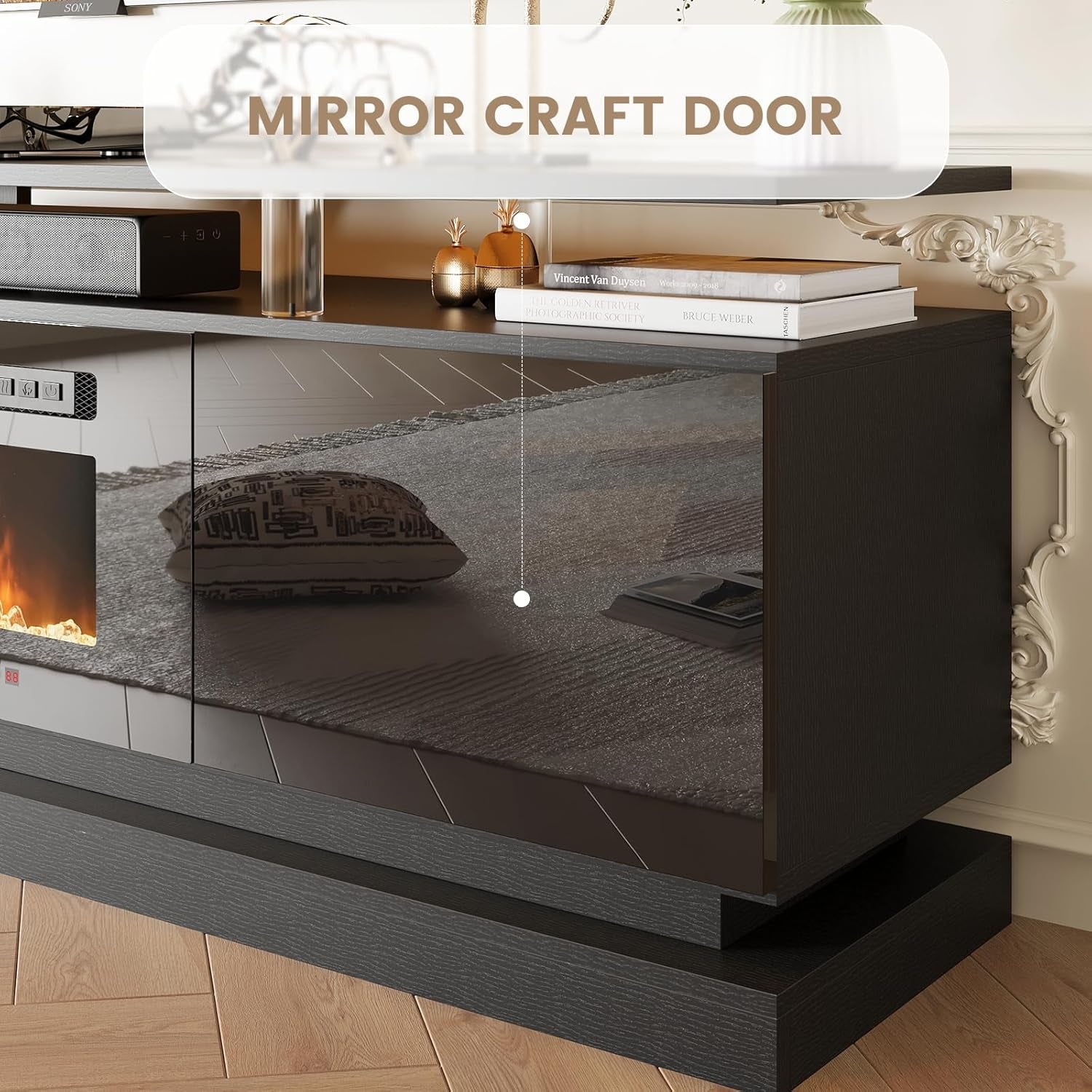 70" Fireplace TV Stand, Modern Entertainment Center for Tvs up to 80”, TV Console with Storage Cabinets, Media Console for Living Room, Black TV Stand and Black Fireplace