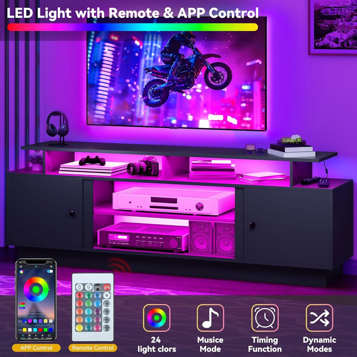 Modern TV Stand for 65/75 Inch Tvs, Entertainment Center with LED Lights, TV Shelf with Storage Cabinets & Movable Partition, TV Console for Living Room, Black