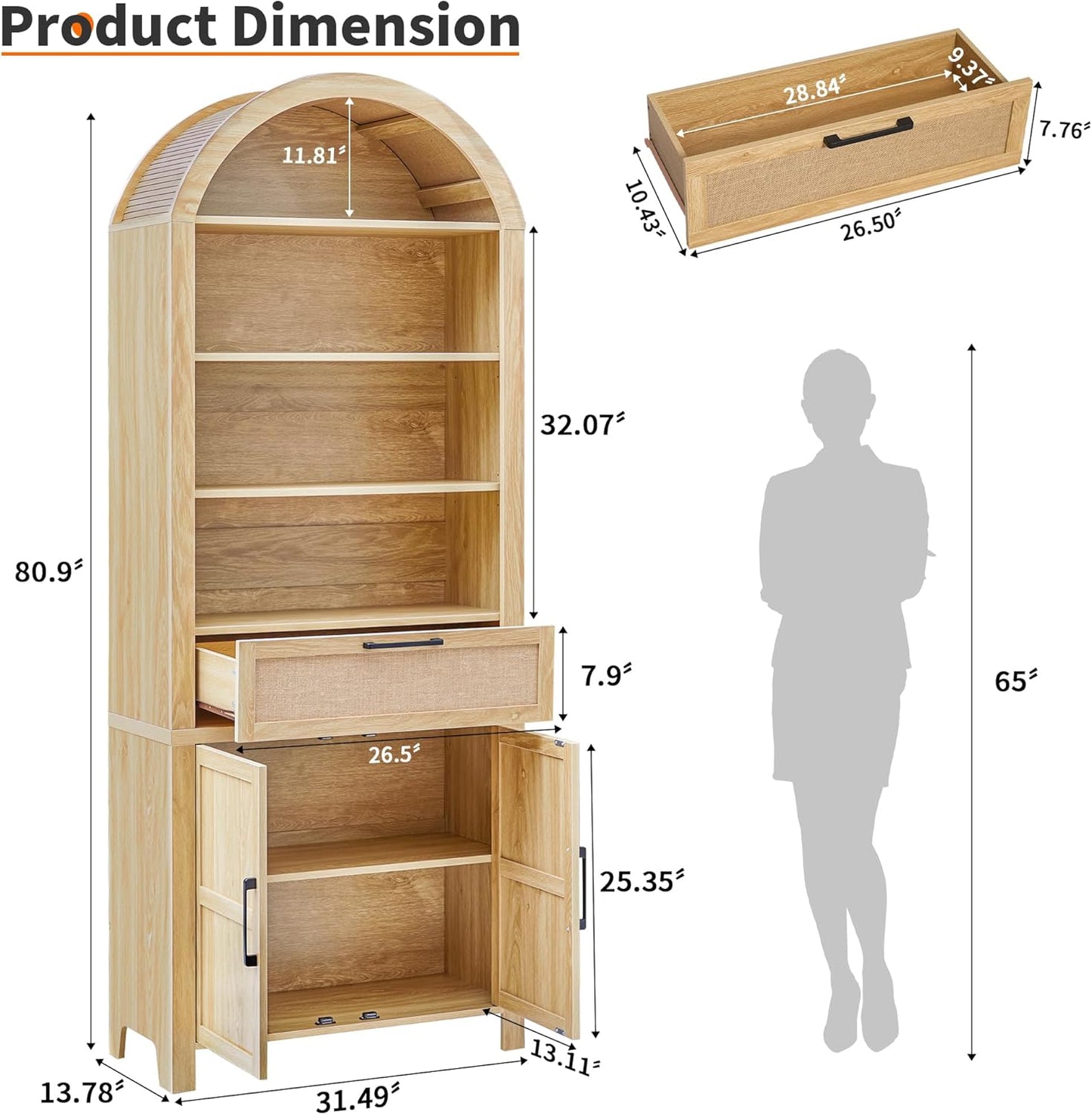 81" Tall Arched Bookcase, Arch Bookshelf with Doors Storage and Drawer, Modern Farmhouse Book Shelf with Adjustable Shelves, Wood Bookshelf W/Open Display for Living Room, Office Decor (Natural)