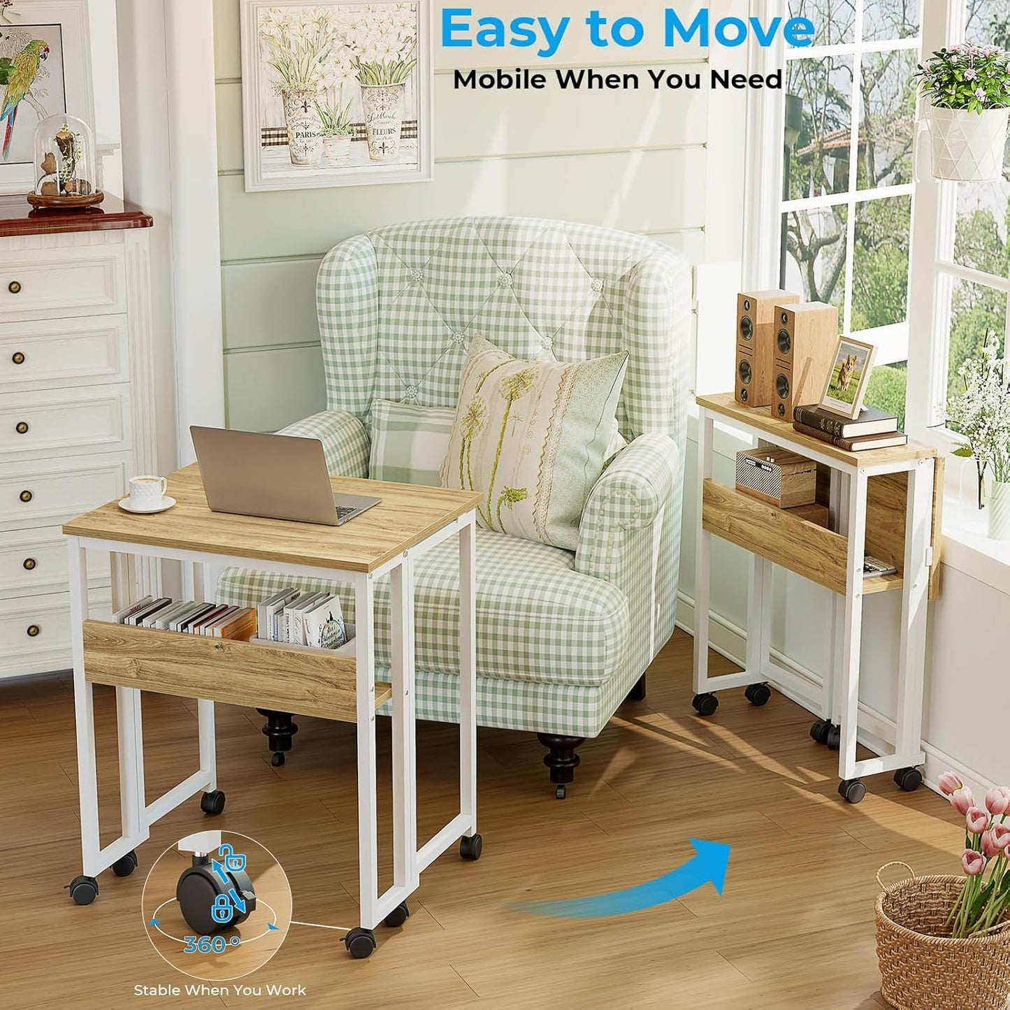 Folding Desk Small Rolling Desk with Storage Shelf,24.8 Inch Foldable Computer Desk with Wheels for Small Space,Easy Assembly,Oak