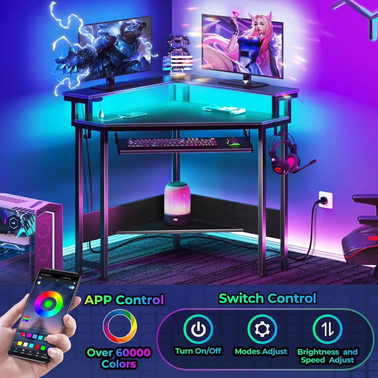 Corner Desk,44.5" W X 34.5" H Small Computer Desk with Power Outlets, Gaming Desk with LED Lights, Triangle Corner Table with Keyboard Tray & Monitor Stand for Small Space, Black