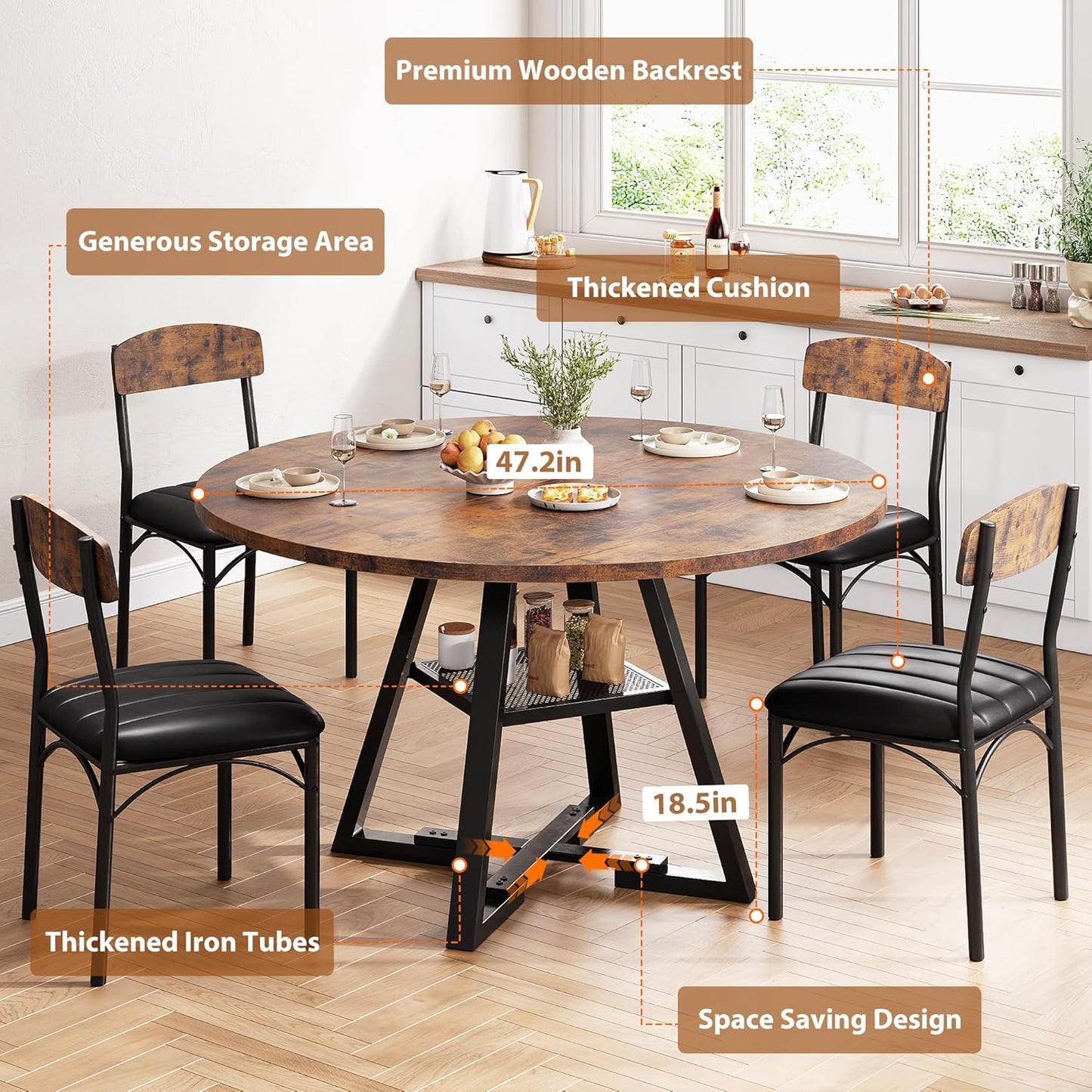 Round Dining Table Set for 4, Kitchen Table and Chairs for 4, Circle Table round Pedestal Dining Room Dinner Dinette Table Set,5 Piece Space Saving Wood Kitchen & Dining Room Tables (Vintage, 42In)