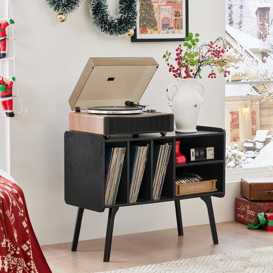 Record Player Stand with 4 Cabinet Holds up to 220 Albums, Large Black Turntable Stand with Beech Wood Legs, Mid-Century Record Player Table, Vinyl Holder Storage Shelf for Bedroom Living Room