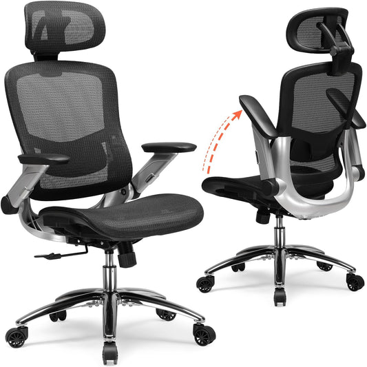 Big and Tall Ergonomic Mesh Office Chair, High Back Home Desk Chair Computer Gaming Chair with Headrest, Flip-Up Arms, 90-125° Tilt Lock and Wide Cushion, Task Chair for Man Woman- Black