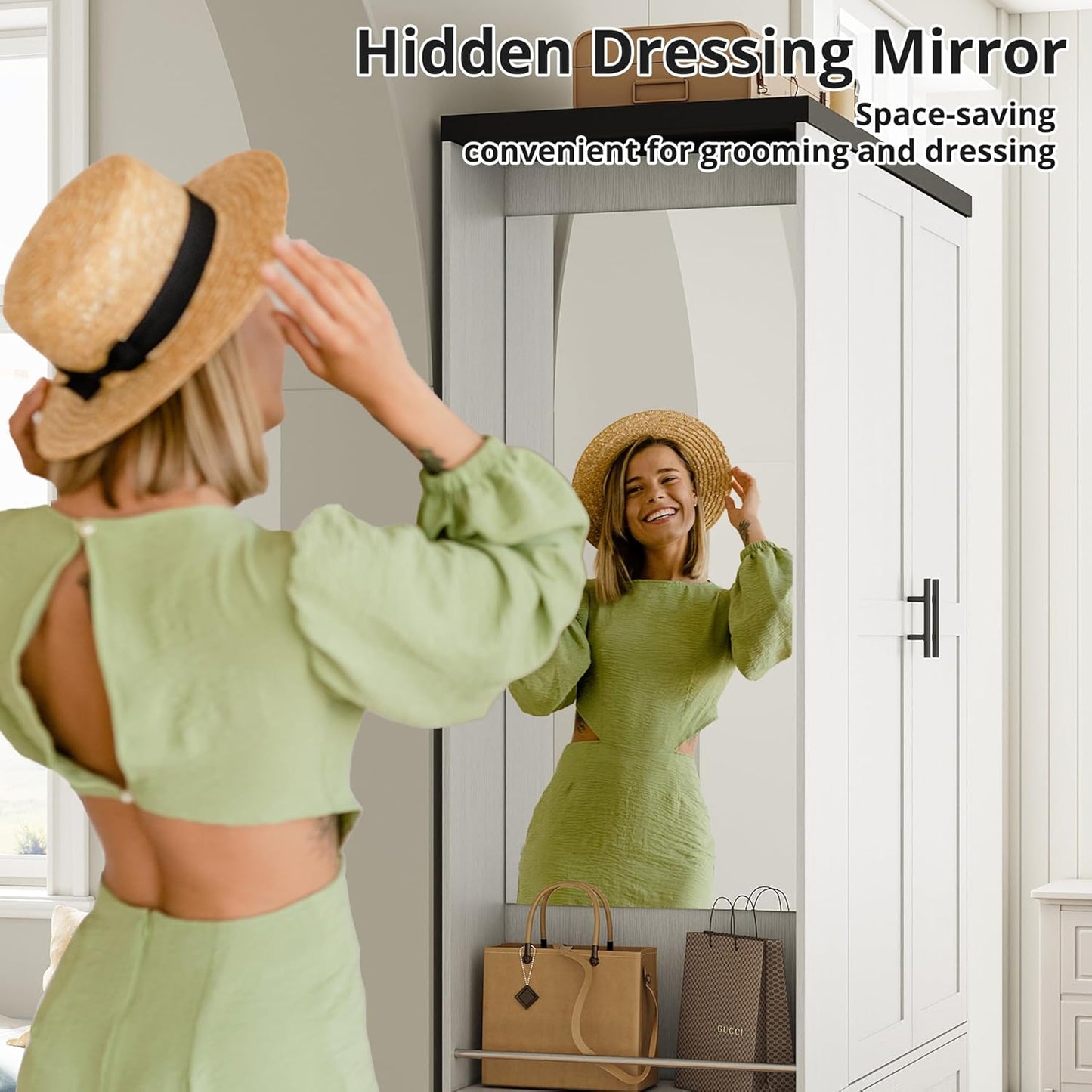 Armoire Wardrobe Closet with Large Mirror, Storage Cabinet with 2 Doors and 2 Drawers, 2 Storage Shelves, 70" Wardrobe Cabinet for Bedroom,White