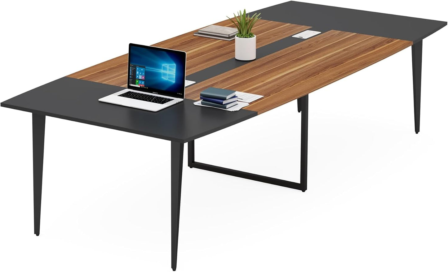 8FT Conference Table, 94.48L X 47.24W X 29.52H Inches Boat Shaped Meeting Table with Rectangle Grommet, Modern Seminar Boardroom Table for Office Conference Room (8Ft, Walnut & Black)