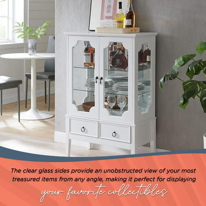 - Curio Accent Storage Cabinet with Doors, Glass Shelves & Drawers - Sideboard Buffet Display Cabinet for Living Room Dining Room Kitchen, White