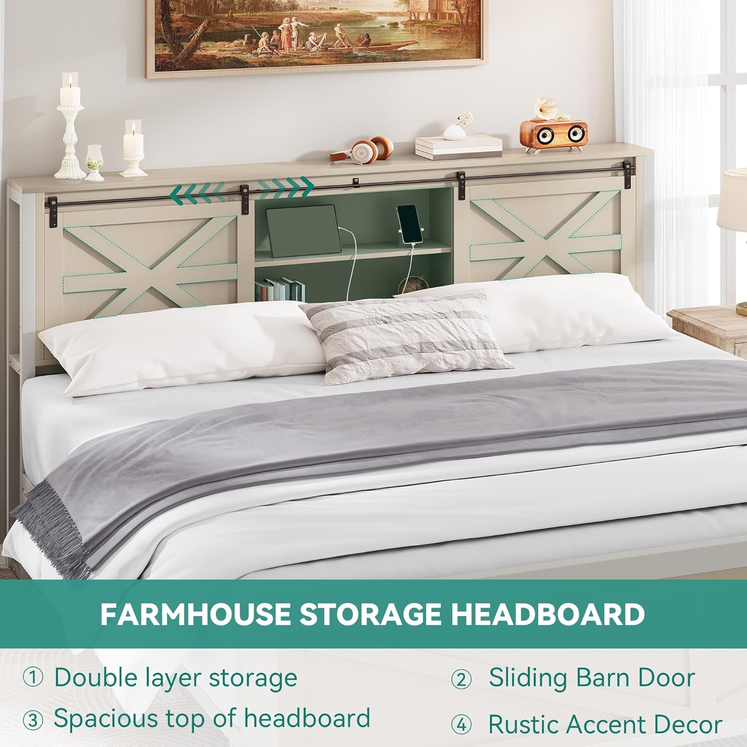 ​Farmhouse King Size Bed Frame with Headboard, Bookcase Storage Shelves, Sliding Barn Door, Charging Station, Rustic Wood Platform Bed, No Box Spring Needed, Oak