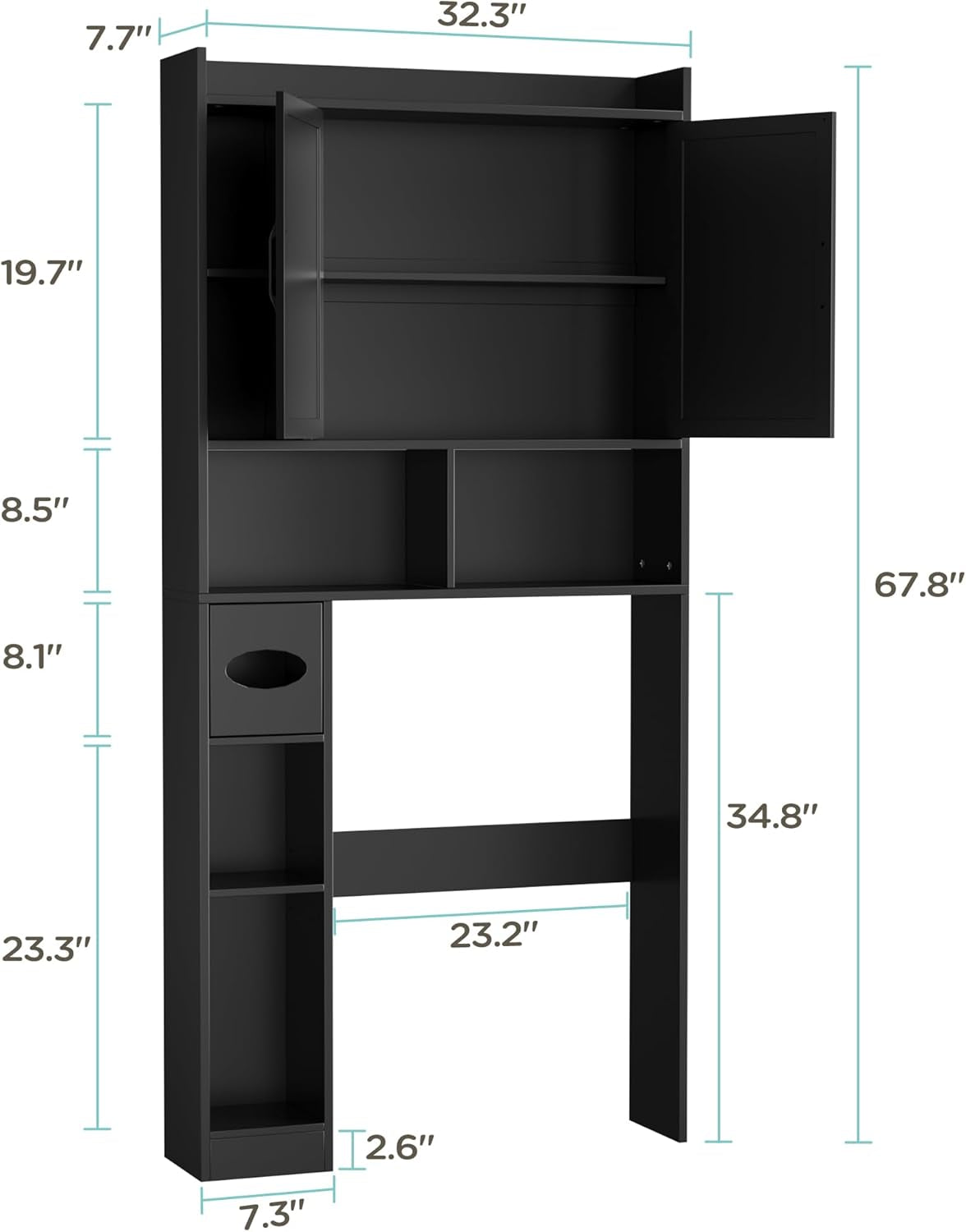 67.8" H over the Toilet Storage Cabinet with Adjustable Shelves & Toilet Paper Holder, Farmhouse over Toilet Bathroom Organizer, Double Door Toilet Cabinet for Bathroom, and Laundry, Black