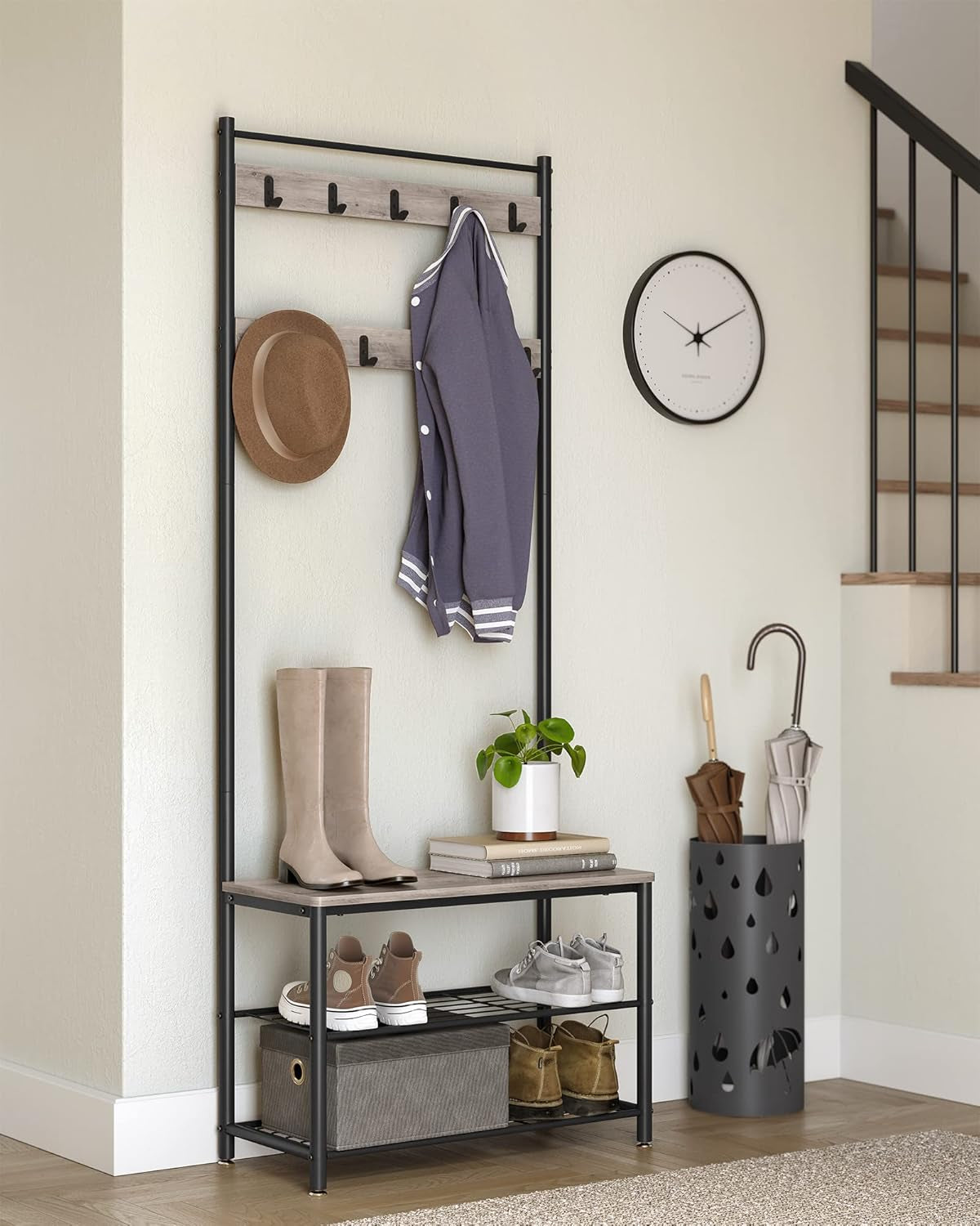 Coat Rack, Hall Tree with Shoe Storage Bench, Entryway Bench with Shoe Storage, 3-In-1, Steel Frame, for Entryway, 12.6 X 33.5 X 68.9 Inches, Industrial, Rustic Brown and Black UHSR401B01