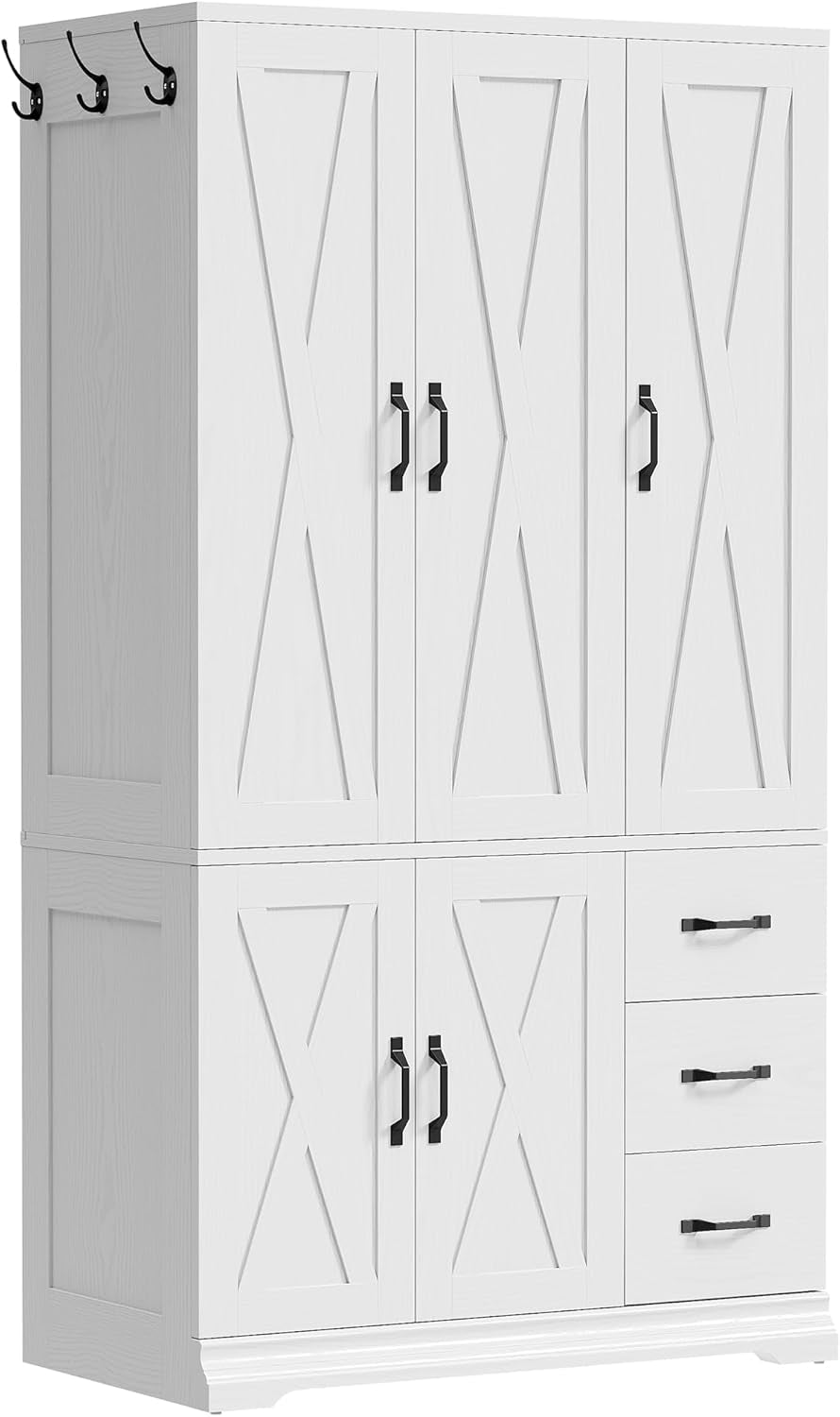 Wardrobe Closet with 5 Cabinet Doors and 3 Drawers, Large-Capacity Deep Armoire for Bedroom with 3 Side Hooks, Hanging Rod and anti - Tip Kit, White