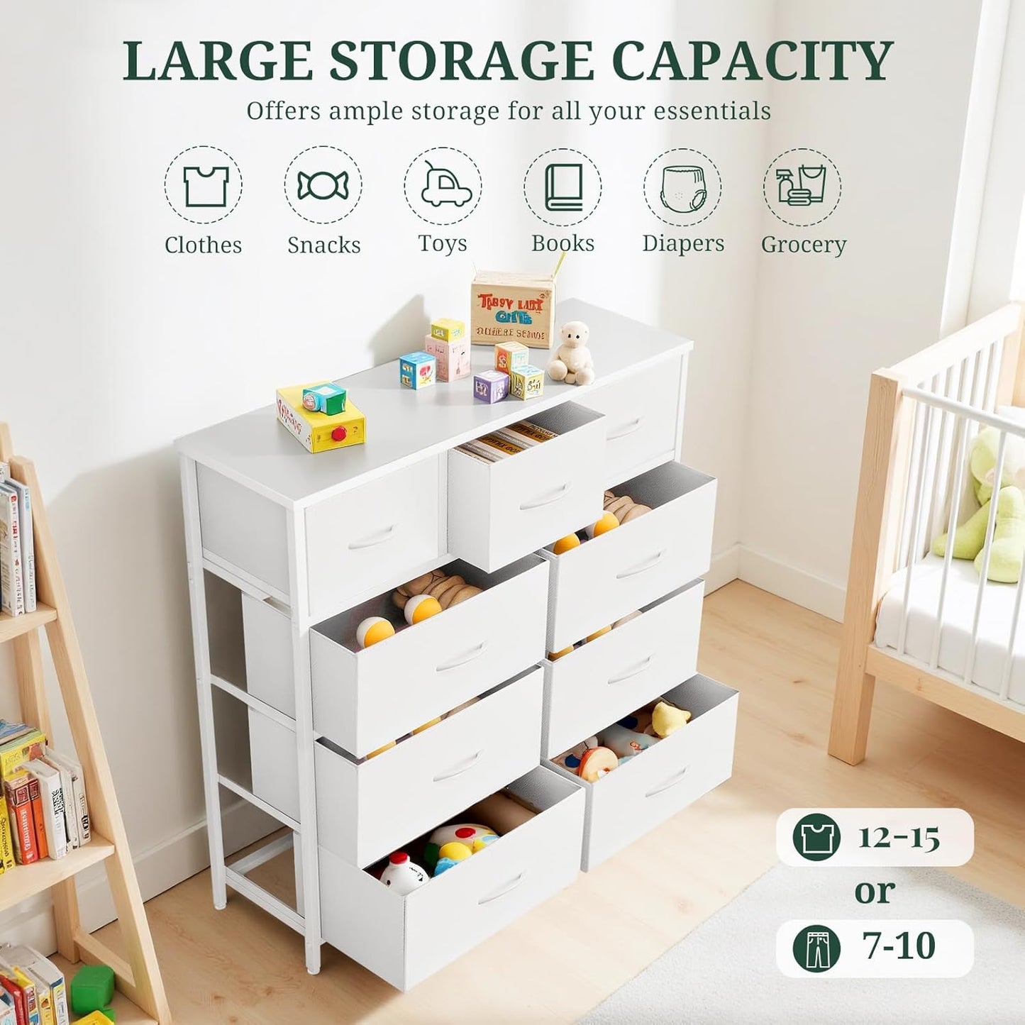 9-Drawer Dresser for Bedroom, Anti-Tip Tall Storage Organizer Chest of Drawers with Wooden Top and Metal Frame Fabric Bins for Closet, Living Room, Hallway, Entryway, White