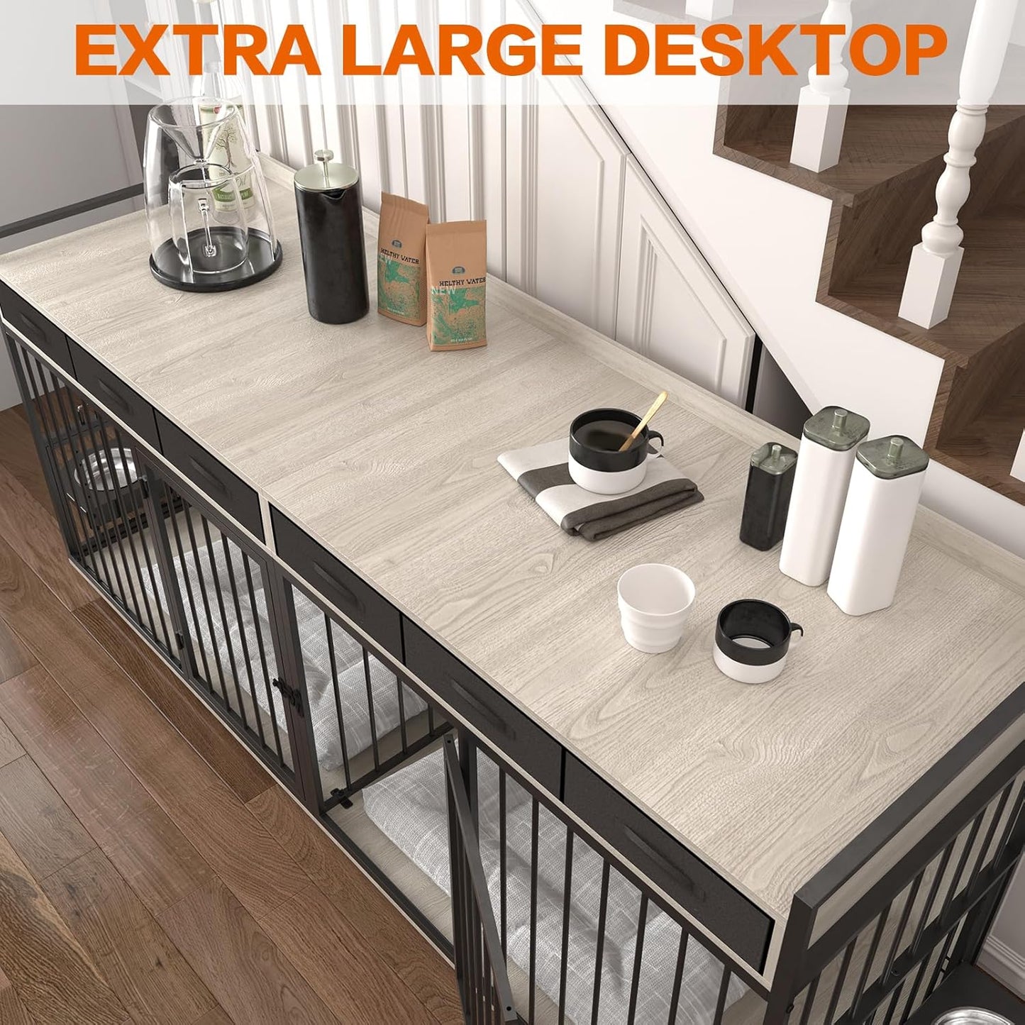 Double Dog Crate Furniture,Indoor 86.6 Inch Extra Large Metal Frame Heavy Duty Dog Crate Kennel Furniture for 2 Dogs with 6 Fabric Drawers,Removable Divider&360°Adjustable Raised Feeder