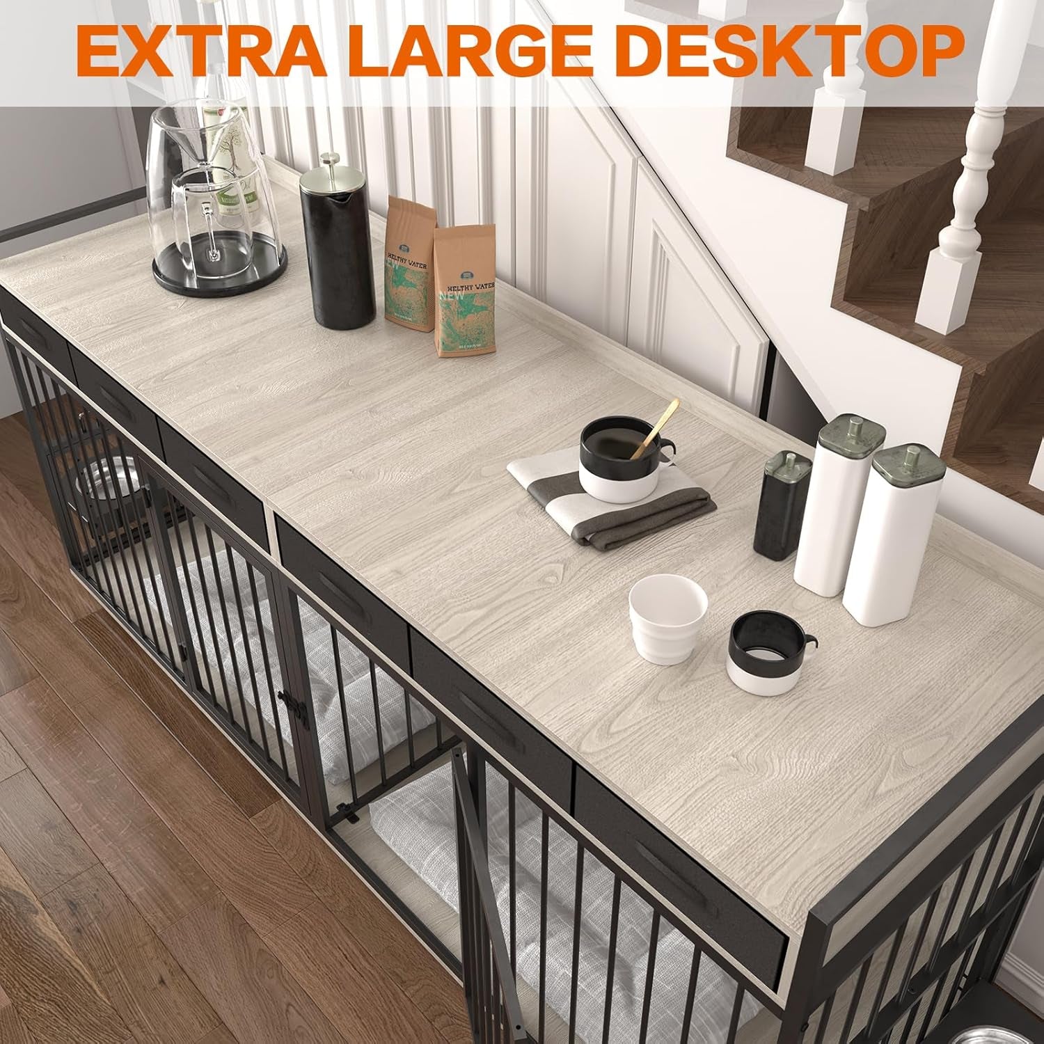 Double Dog Crate Furniture,Indoor 86.6 Inch Extra Large Metal Frame Heavy Duty Dog Crate Kennel Furniture for 2 Dogs with 6 Fabric Drawers,Removable Divider&360°Adjustable Raised Feeder