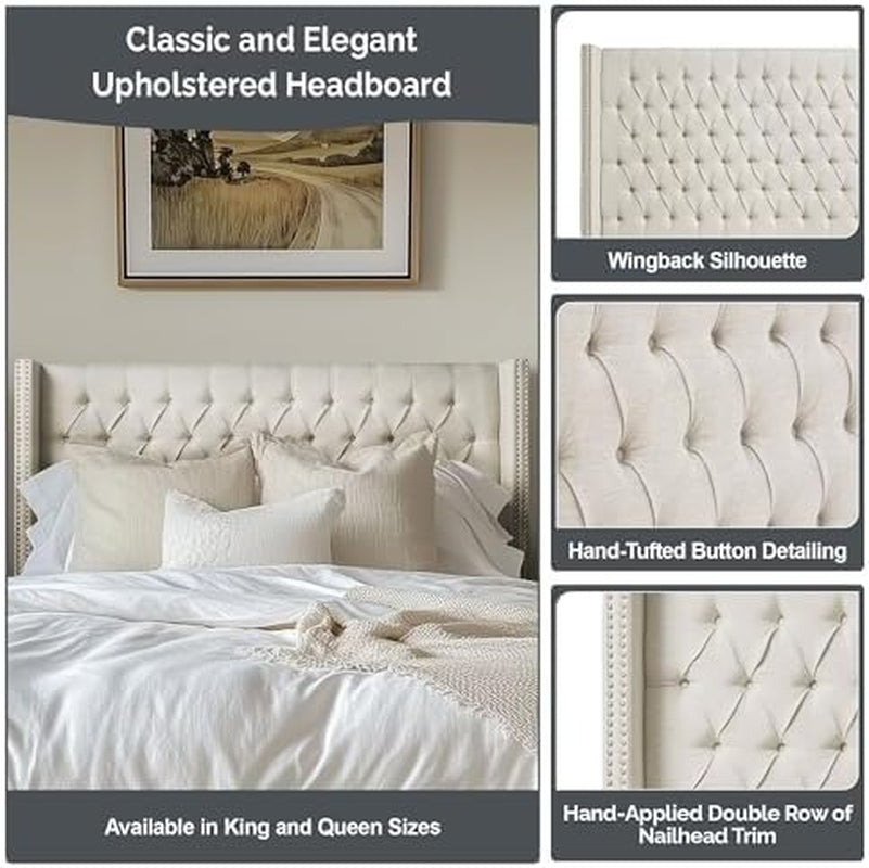 Amelia Upholstered Headboard | Nail Head Trim Wingback Button Tufted | Queen, Cream