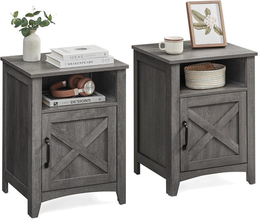 LIRY Collection - Farmhouse Nightstand with Barn Door, Set of 2, Bedside Table with Storage, Side End Table, Night Stand, Open Compartment, for Bedroom, Misty Gray ULET809G68
