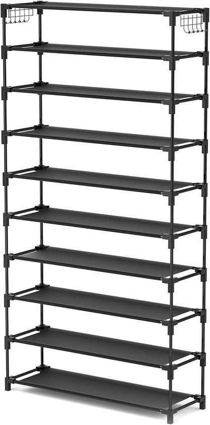 10 Tiers Shoe Rack 50 Pairs Large Capacity Tall Shoe Organizer Sturdy Shoe Storage with Two Hooks Space Saving Metal Wide Shoe Rack for Closet, Entryway, Bedroom, Black