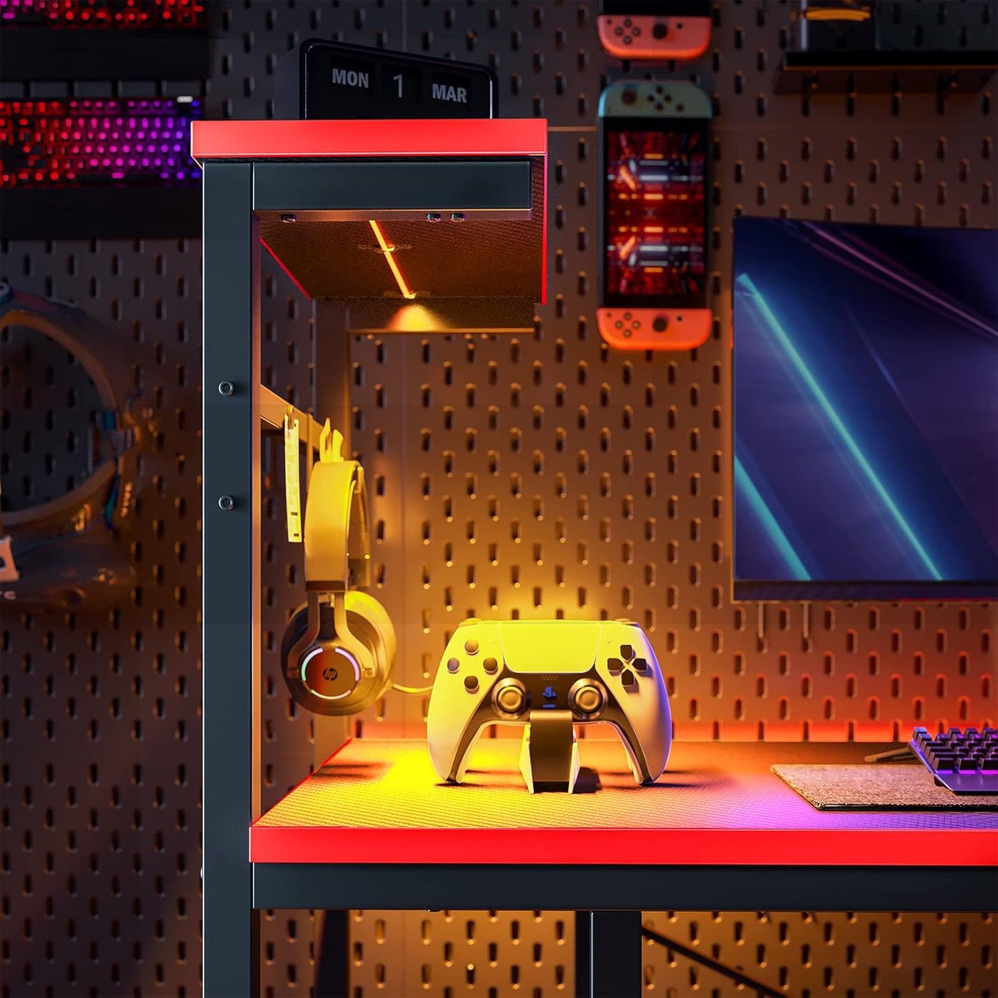 Gaming Desk with LED Lights, 44 Inch PC Gamer Desk for Small Spaces, Computer Desk with Reversible Storage Shelves & Side Storage Bag (Black 3D Carbon Fiber)