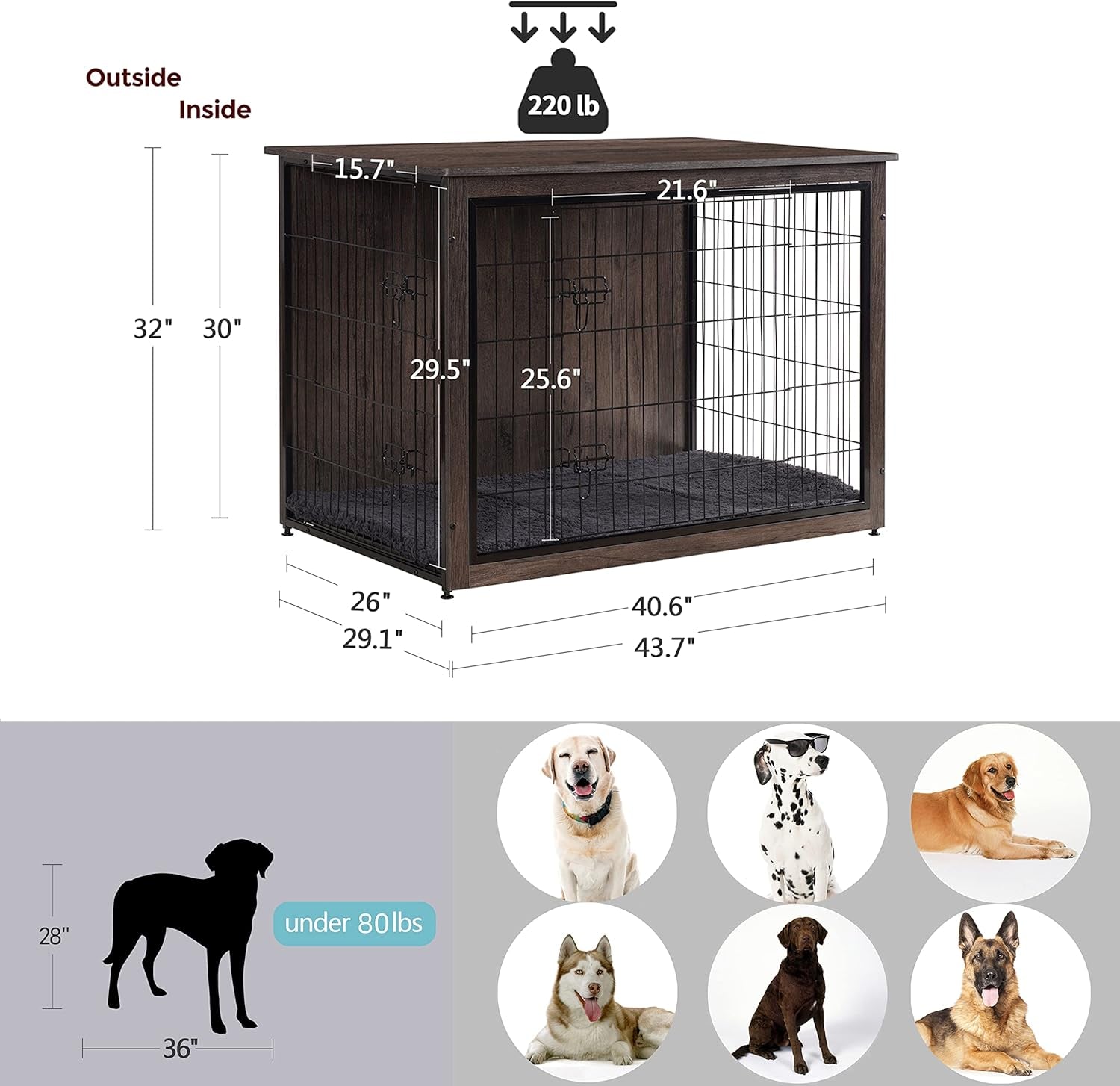 Dog Crate Furniture with Cushion, Wooden Kennel Table with Double Doors, Indoor Dog House, Extra Large Size, 43.3" L, Dark Gray