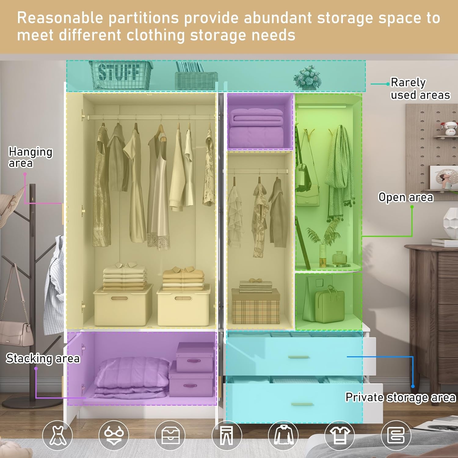 Armoire Wardrobe Closet with Mirror & Sensor Light, Bedroom Armoire with 5 Doors & 2 Drawers, Modern Wooden Large Wardrobe Closet with Shelves, 4 Hooks, 2 Hanging Roods, Open Space, White